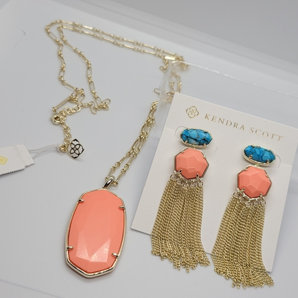 CUSTOM KENDRA SCOTT NECKLACE BRONZE VEINED TURQUOISE & NWT BRIGHT CORAL NECKLACE - Picture 9 of 11